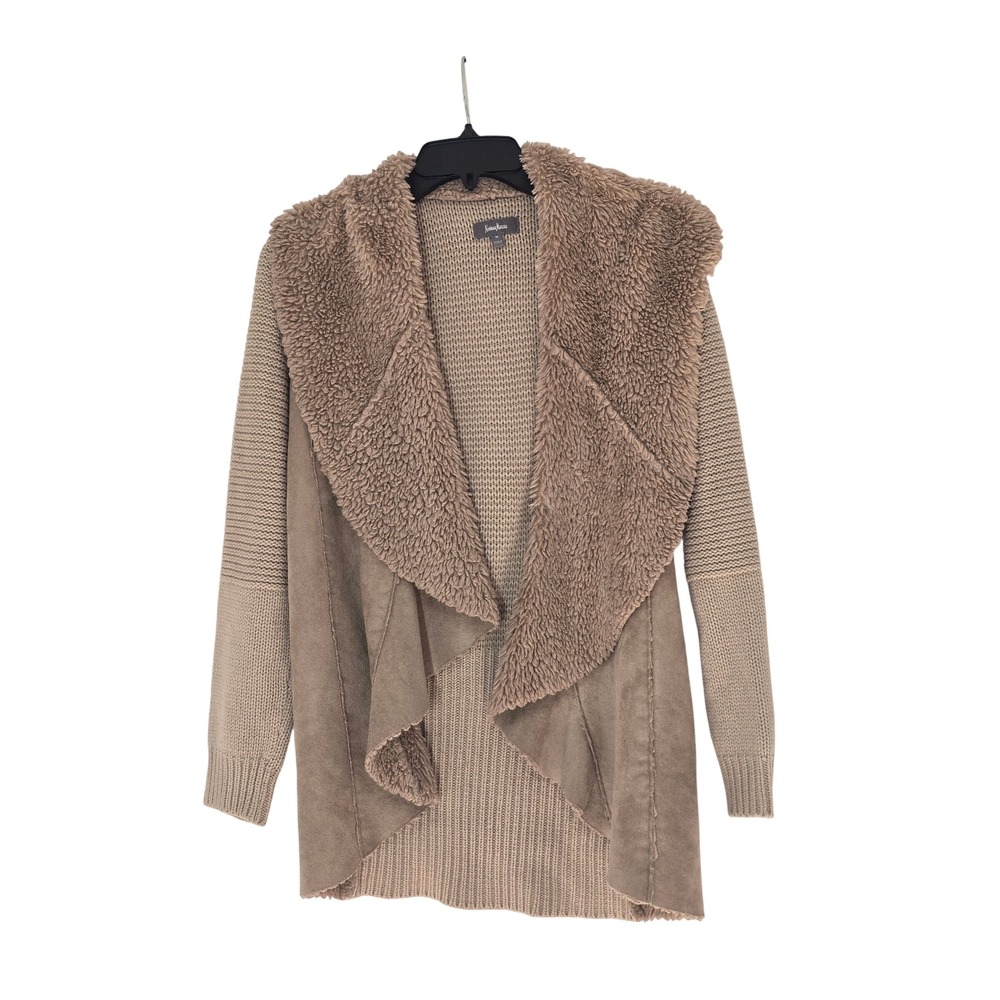 Neiman Marcus Faux Fur Suede Knit Open Front Cardigan Tan Beige Medium